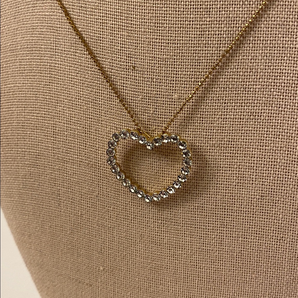 LC Lauren Conrad Gold Tone Open Heart Pendant Necklace Clear Crystal Rhinestones